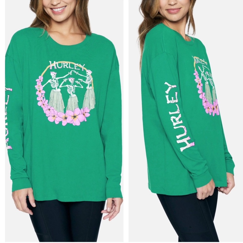 Hurley Green Hula Skeleton Graphic Long Sleeve Relaxed Fit Tee Size S - Picture 3 of 10